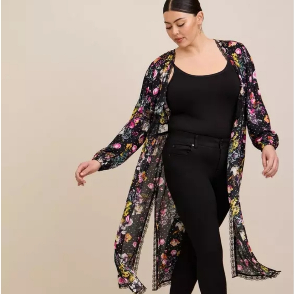 Torrid Black Kimono with Pink and White Floral Pattern